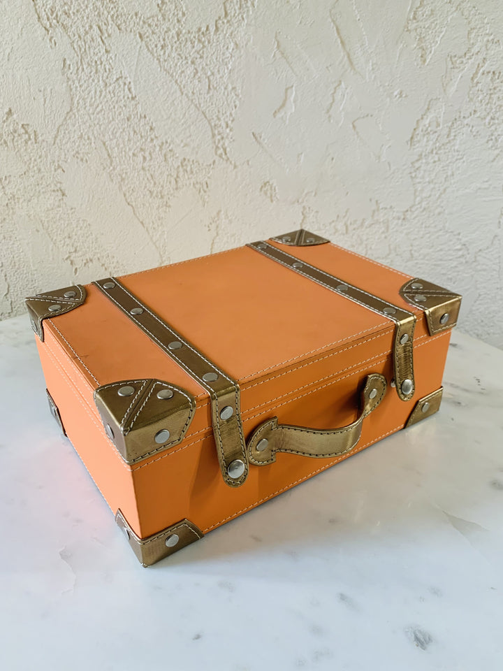 Leather Box With Handle; Orange & Golden