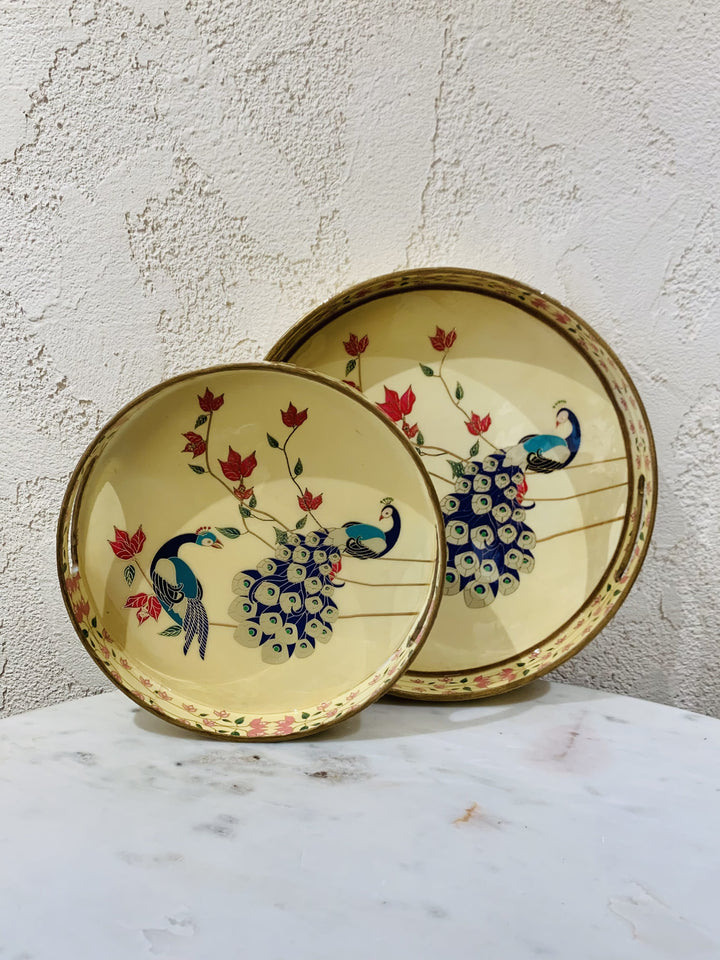 Set of 2 Wooden Trays | Serving & Dining Tray | Peacock On Yellow Base