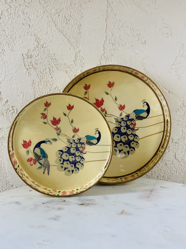 Set of 2 Wooden Trays | Serving & Dining Tray | Peacock On Yellow Base