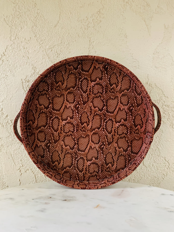 Round Leather Tray With Handles | Serving & Dining Tray | Snake Pattern