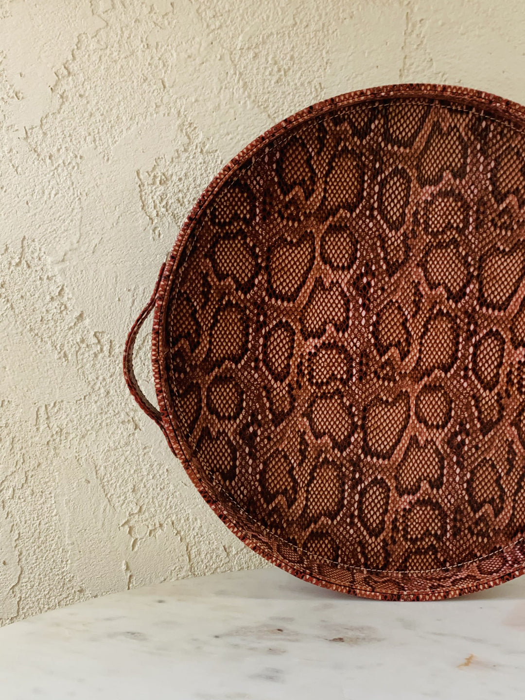 Round Leather Tray With Handles | Serving & Dining Tray | Snake Pattern