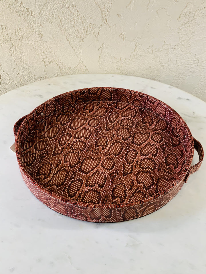 Round Leather Tray With Handles | Serving & Dining Tray | Snake Pattern
