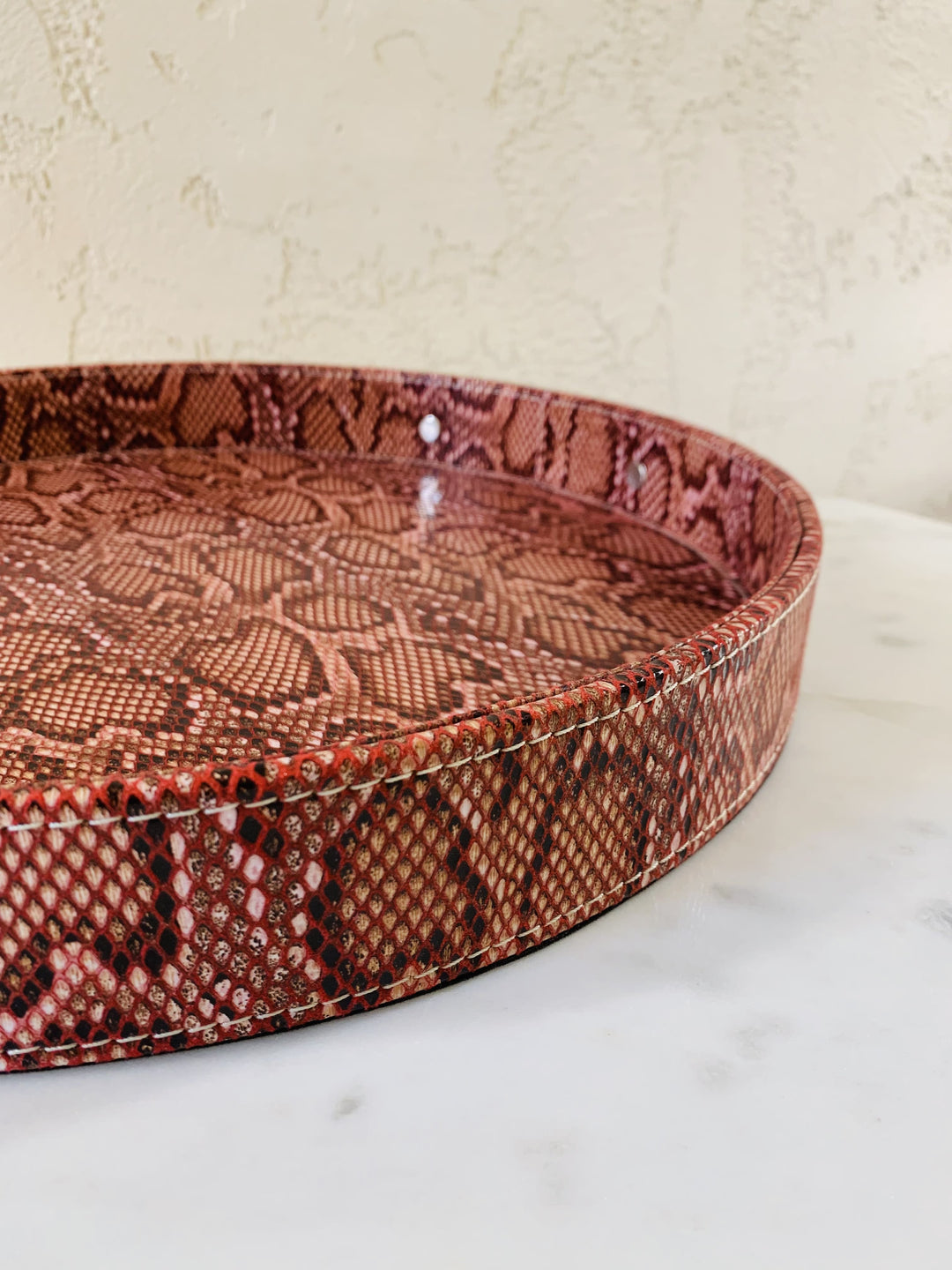 Round Leather Tray With Handles | Serving & Dining Tray | Snake Pattern