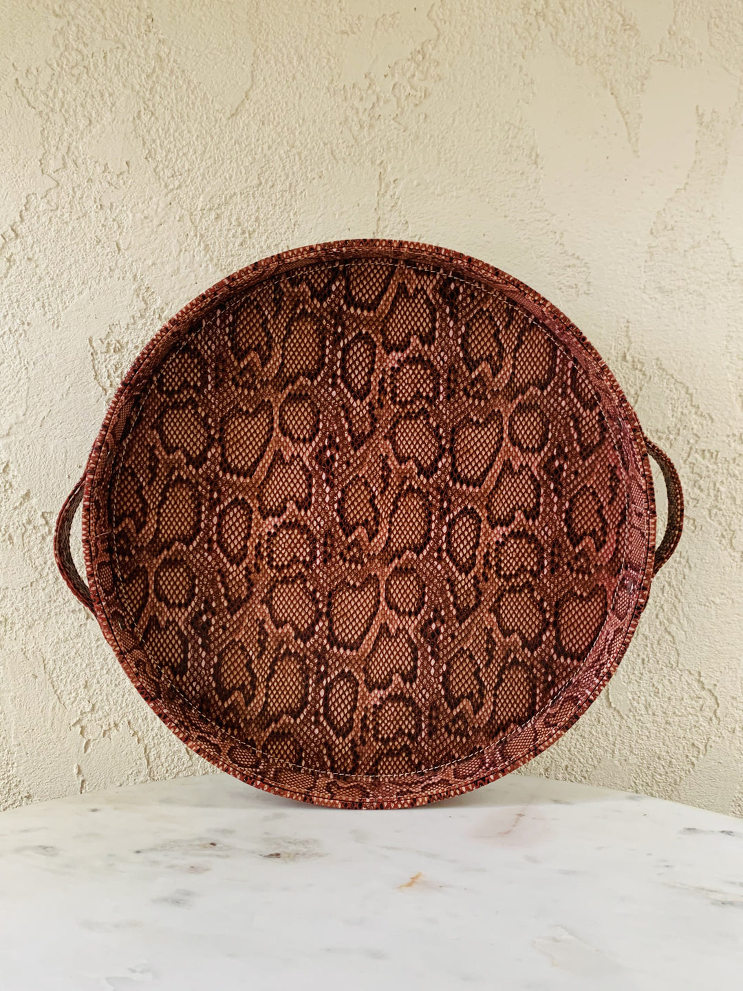 Round Leather Tray With Handles | Serving & Dining Tray | Snake Pattern