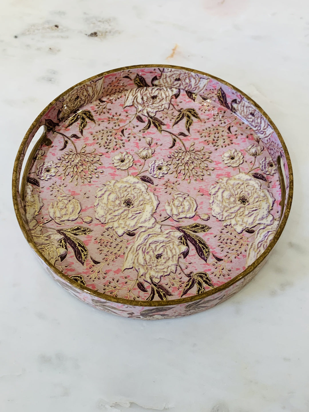 Set of 2 Wooden Trays | Serving & Dining Tray | Pink Golden Flowers
