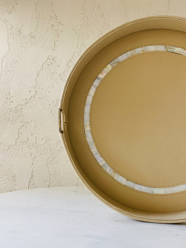 Round Leather Tray | Serving & Dining Tray | Beige MOP