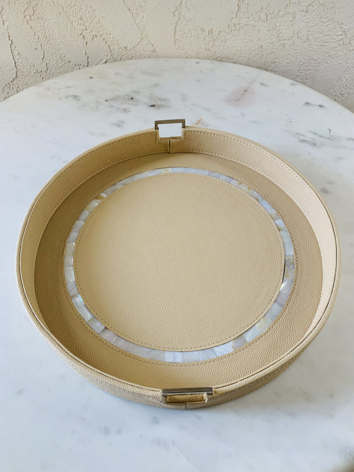 Round Leather Tray | Serving & Dining Tray | Beige MOP