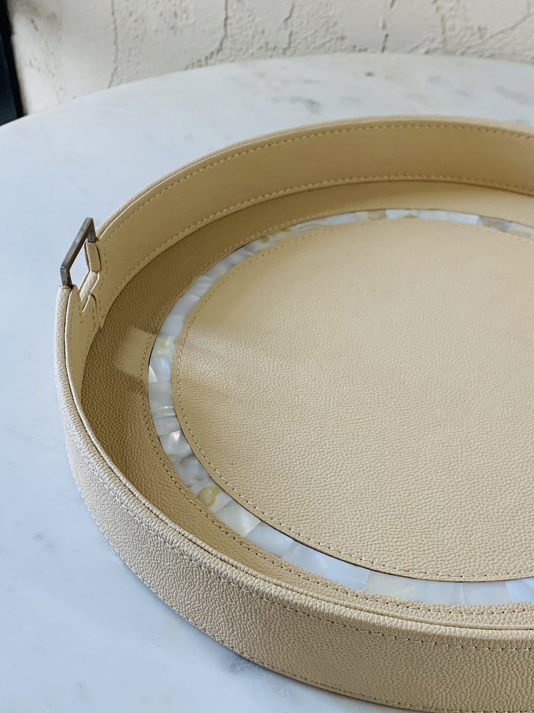 Round Leather Tray | Serving & Dining Tray | Beige MOP