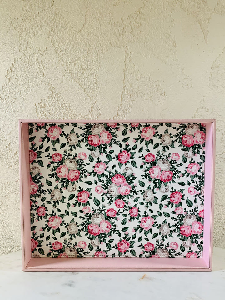 Set of 2 Leather Trays | Serving & Dining Tray | Pink Flowers On White Base