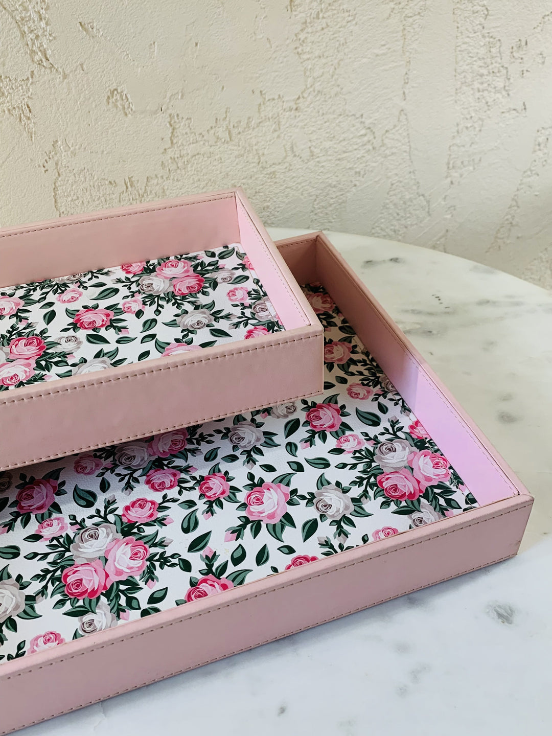 Set of 2 Leather Trays | Serving & Dining Tray | Pink Flowers On White Base