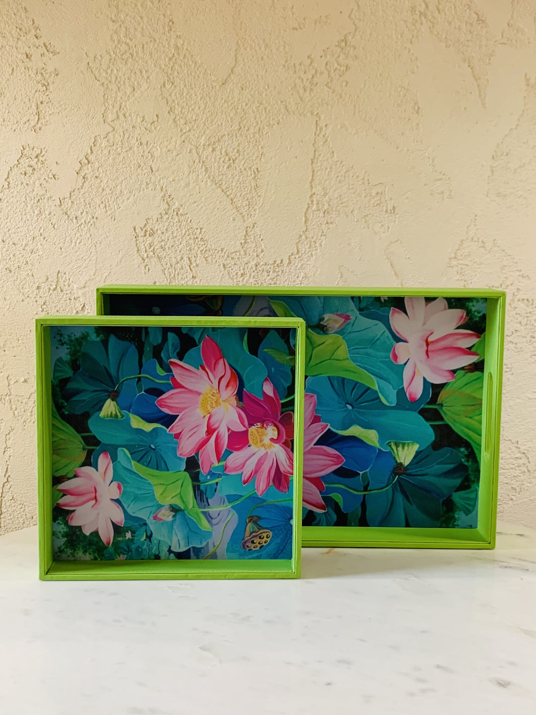 Set of 2 Leather Trays | Serving & Dining Tray | Pink Flowers With Green Leaves