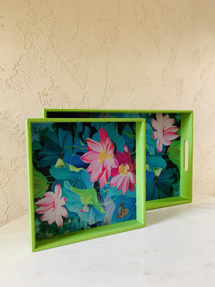 Set of 2 Leather Trays | Serving & Dining Tray | Pink Flowers With Green Leaves