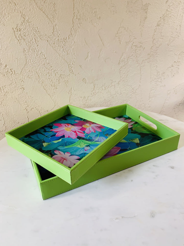 Set of 2 Leather Trays | Serving & Dining Tray | Pink Flowers With Green Leaves