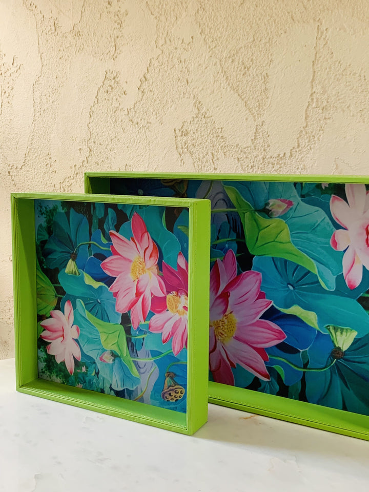 Set of 2 Leather Trays | Serving & Dining Tray | Pink Flowers With Green Leaves