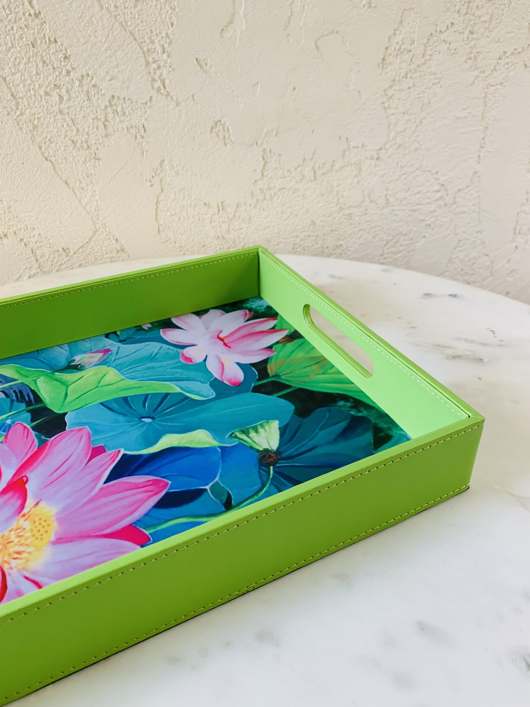 Set of 2 Leather Trays | Serving & Dining Tray | Pink Flowers With Green Leaves