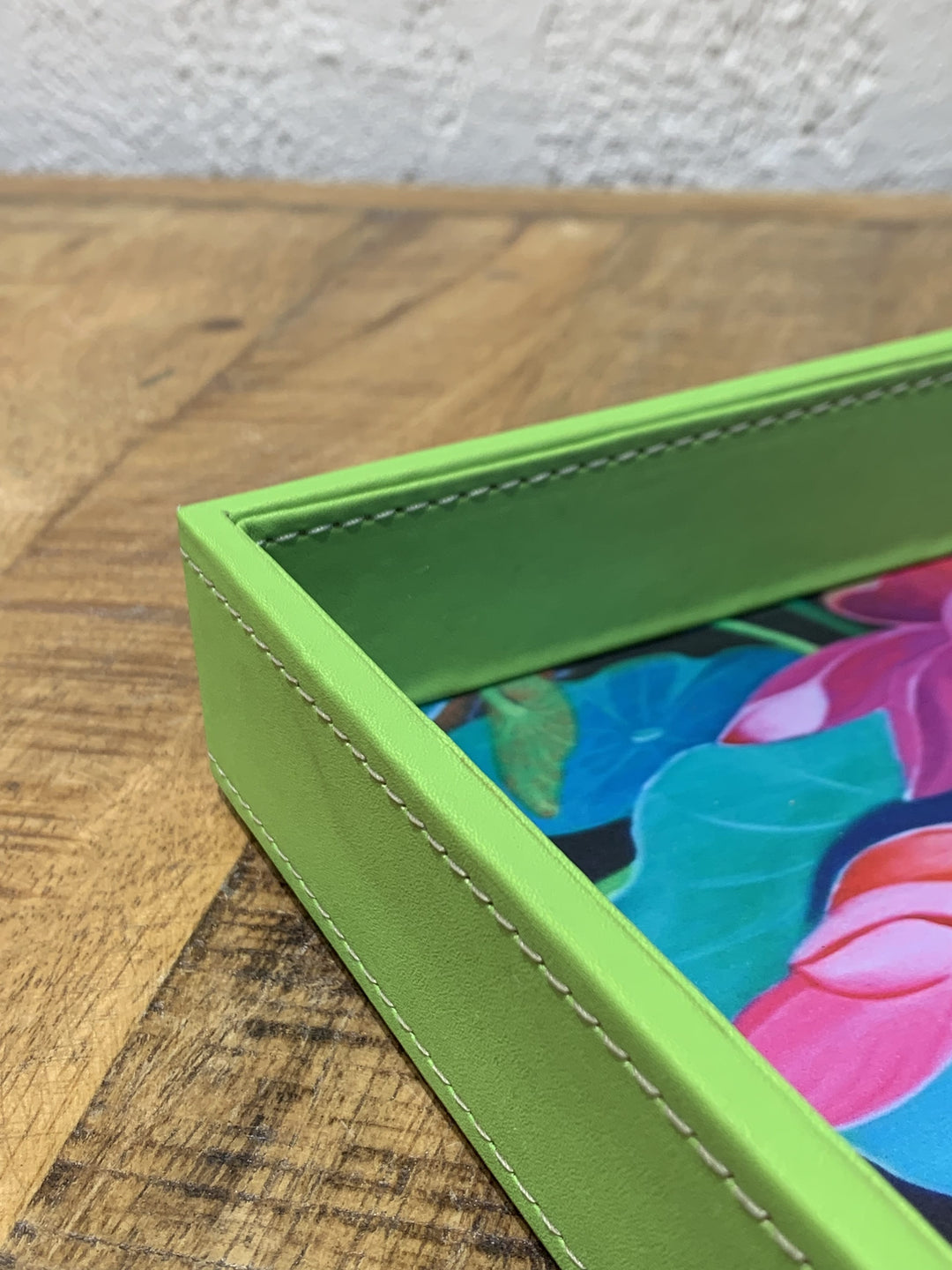 Leather Tray Rectangle | Serving & Dining Tray | Pink Flowers With Green Leaves