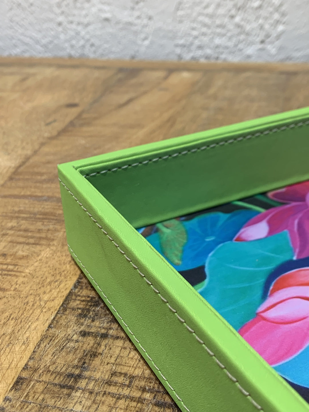Leather Tray Square | Serving & Dining Tray | Pink Flowers With Green Leaves