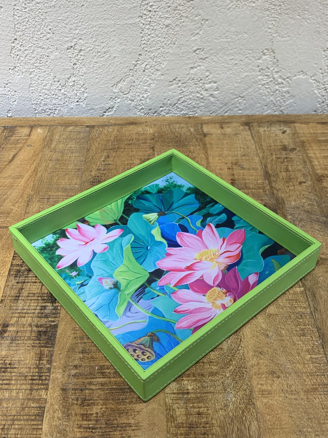 Leather Tray Square | Serving & Dining Tray | Pink Flowers With Green Leaves