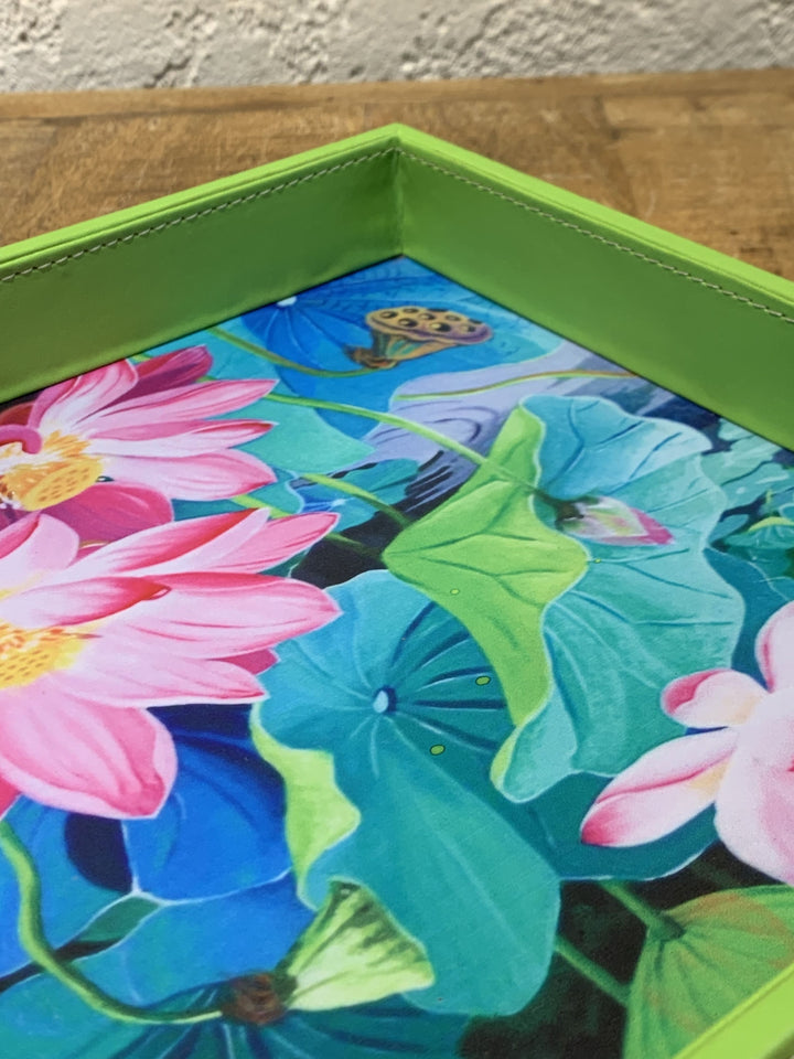 Leather Tray Square | Serving & Dining Tray | Pink Flowers With Green Leaves