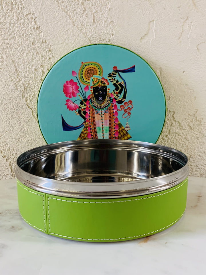 Stainless Steel Box Round; Shreenath Ji Green