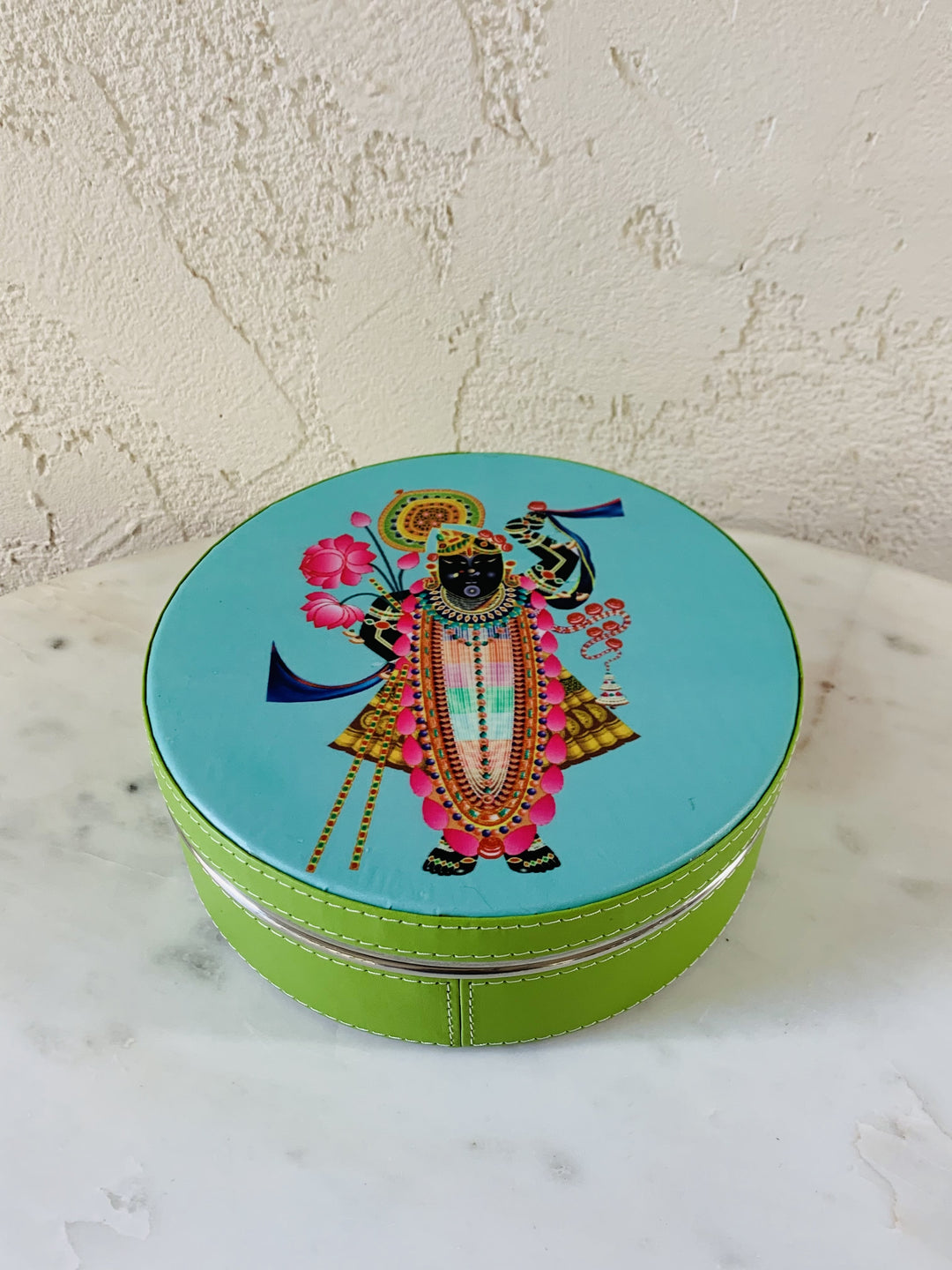 Stainless Steel Box Round; Shreenath Ji Green