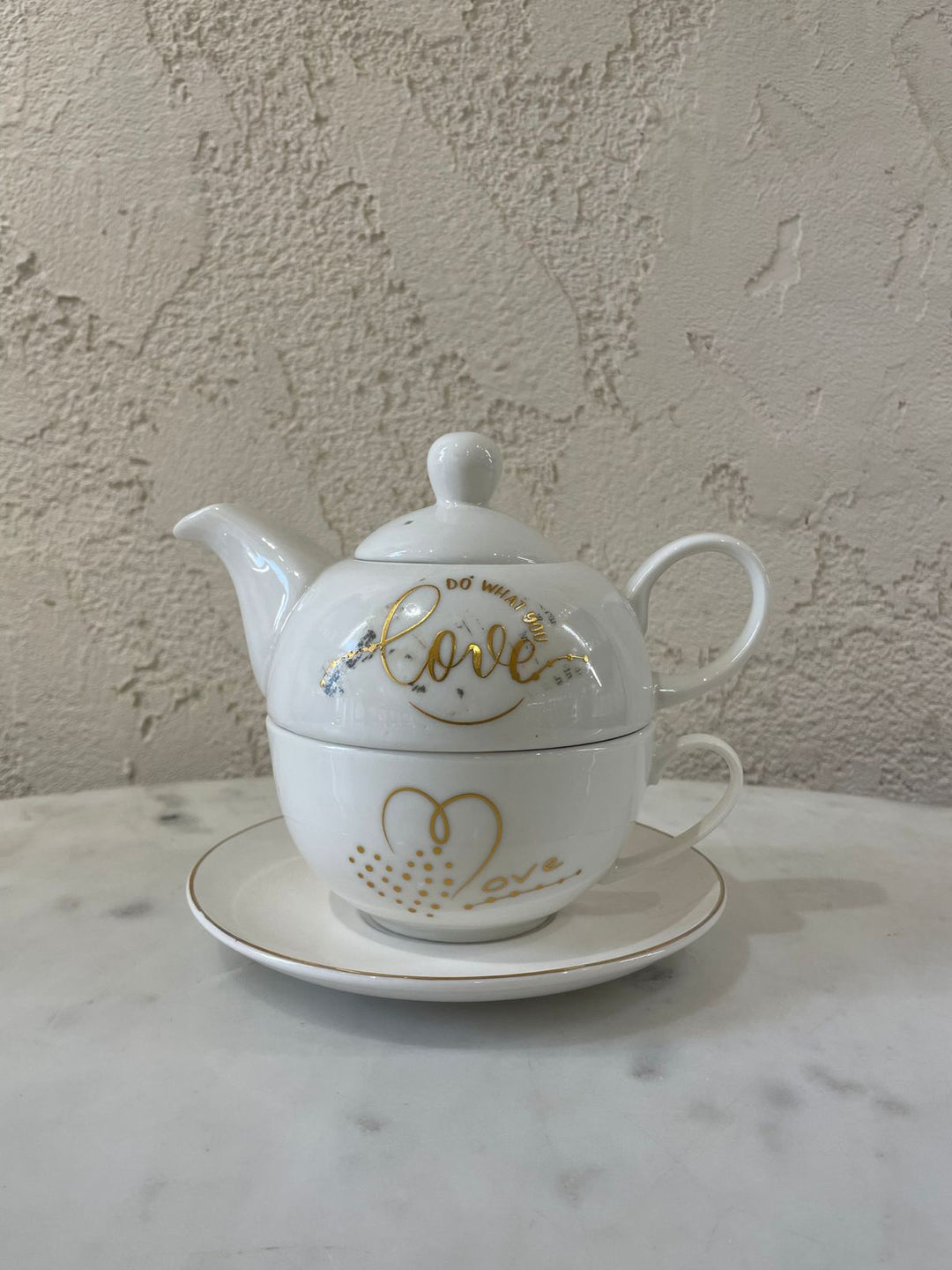 Ceramic Tea Kettle With Cup & Saucer; Love
