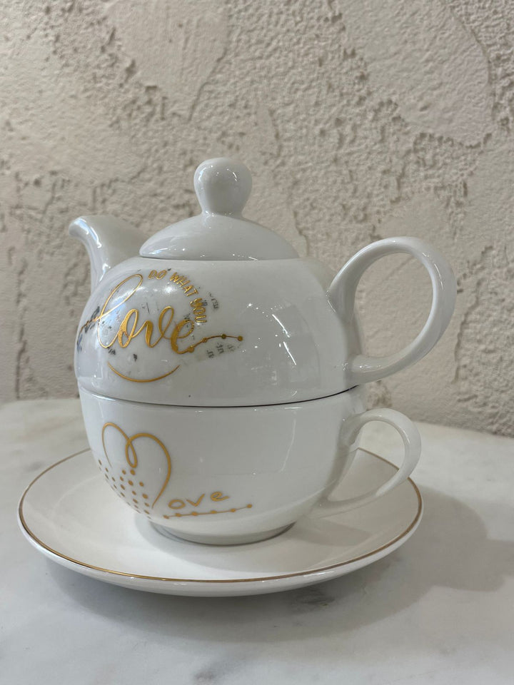 Ceramic Tea Kettle With Cup & Saucer; Love