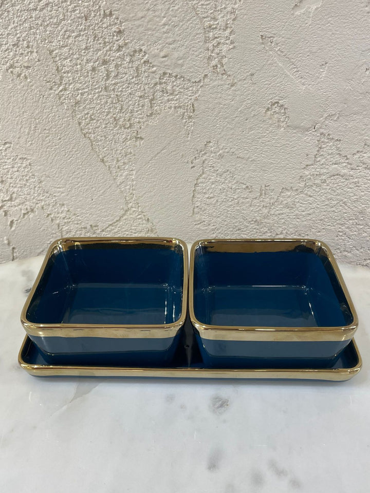 Ceramic Bowls Set Of 2 With Tray | Serving & Dining |Peacock Teal