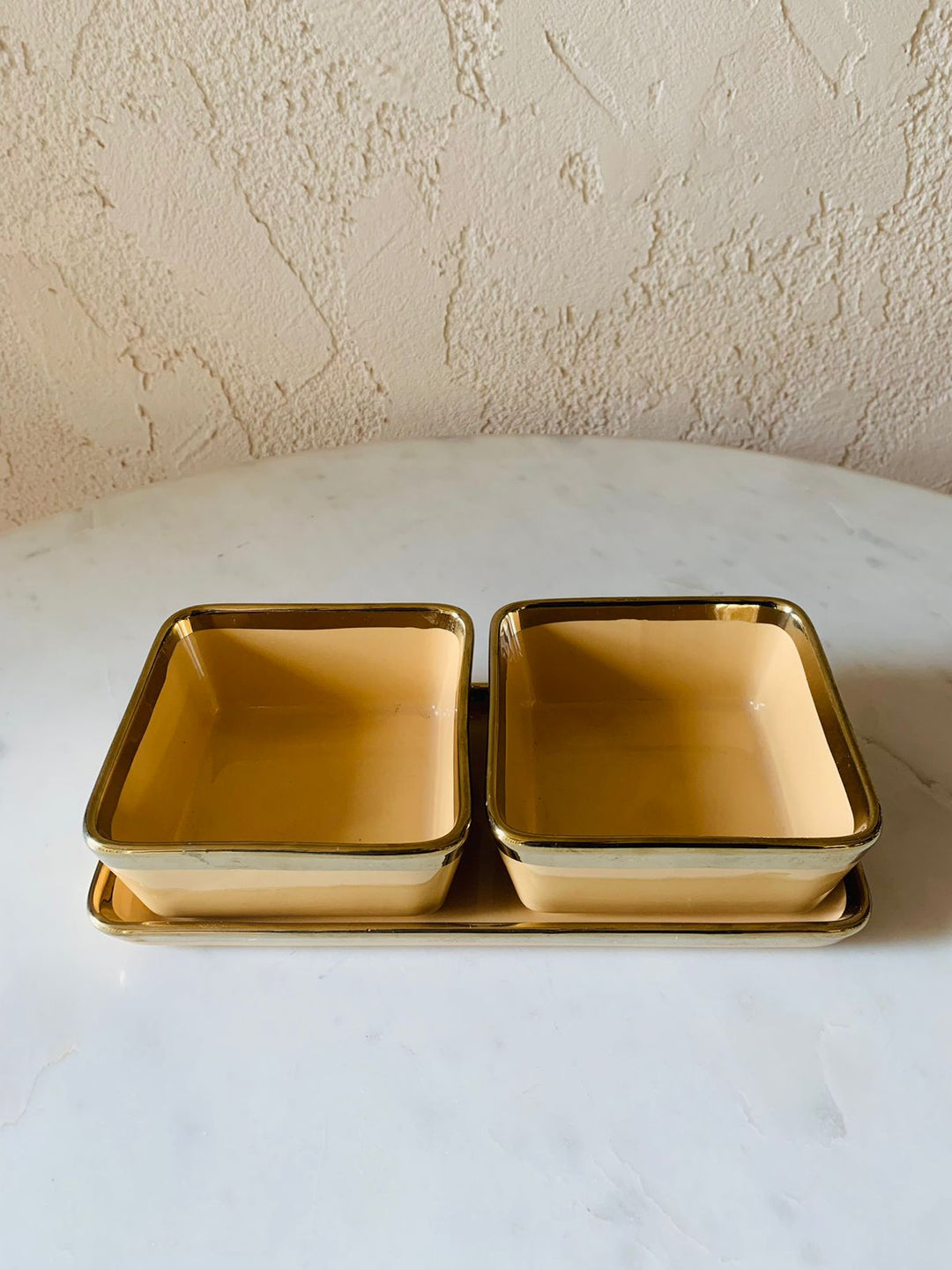 Ceramic Bowls Set Of 2 With Tray; Marigold Yellow
