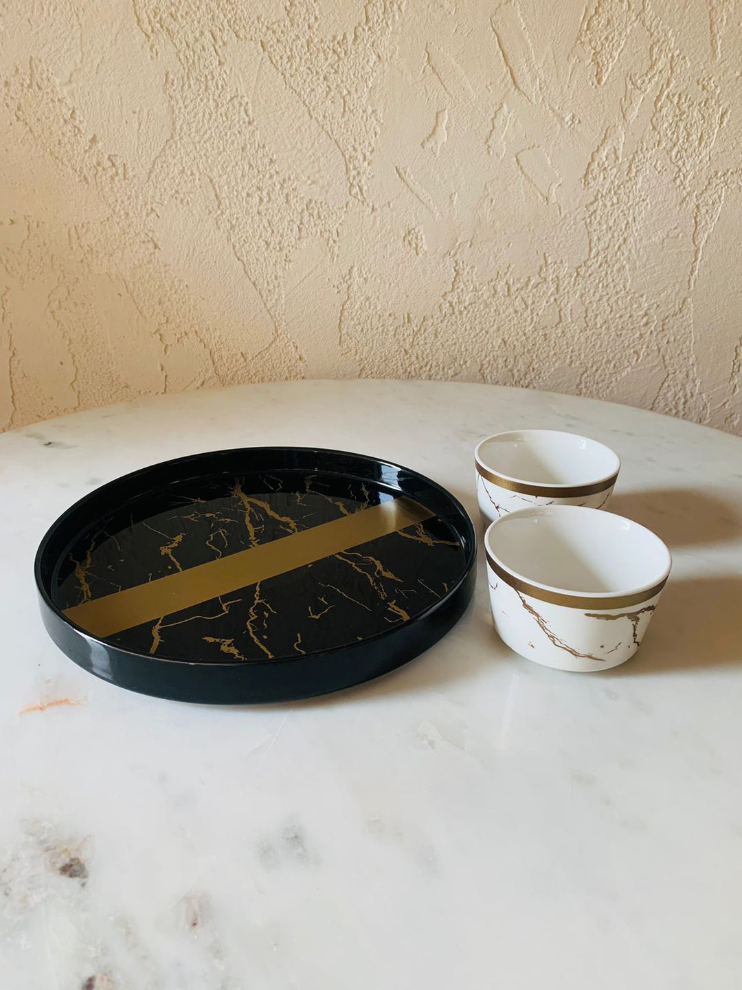 Ceramic Platter With 2 Bowls| Serving & Dining | Black, White & Golden