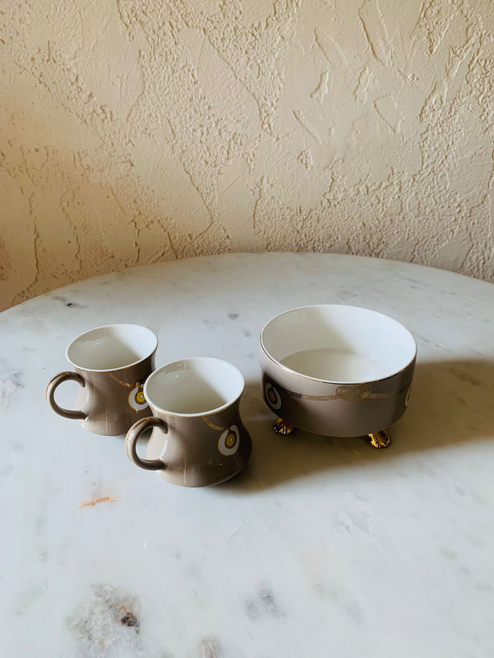 Ceramic Bowl With 2 Cups| Serving & Dining | Stone Beige