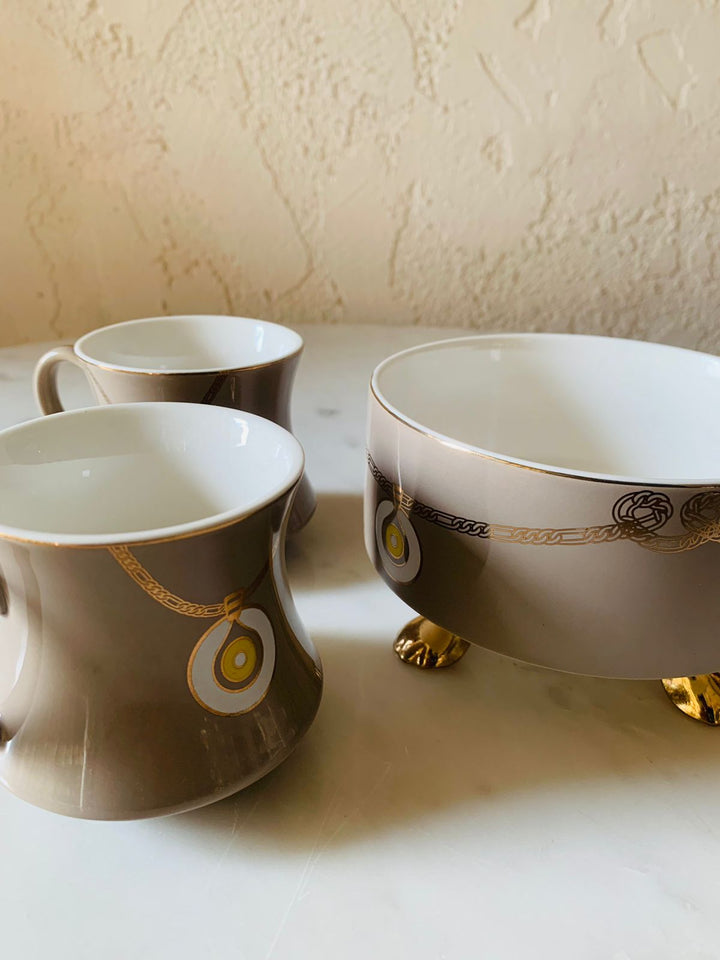 Ceramic Bowl With 2 Cups| Serving & Dining | Stone Beige