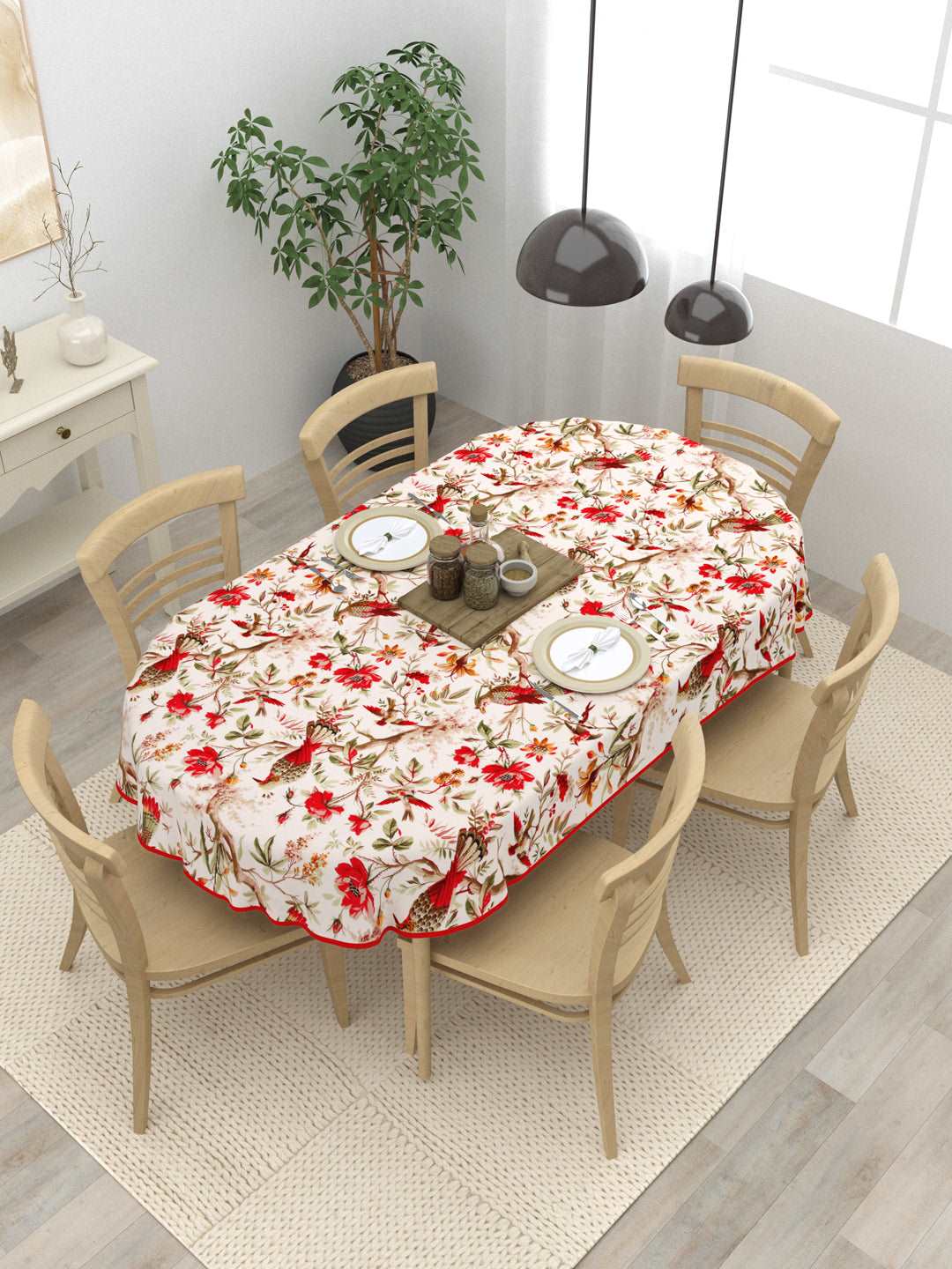 100% Cotton Oval Table Cover; Red Flowers & Birds