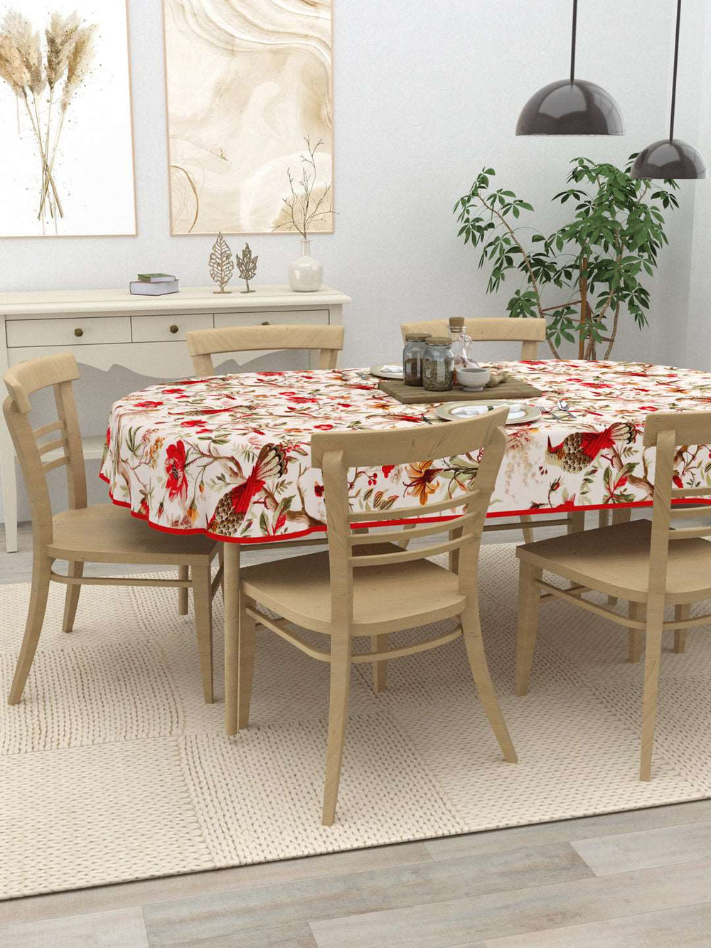 100% Cotton Oval Table Cover; Red Flowers & Birds