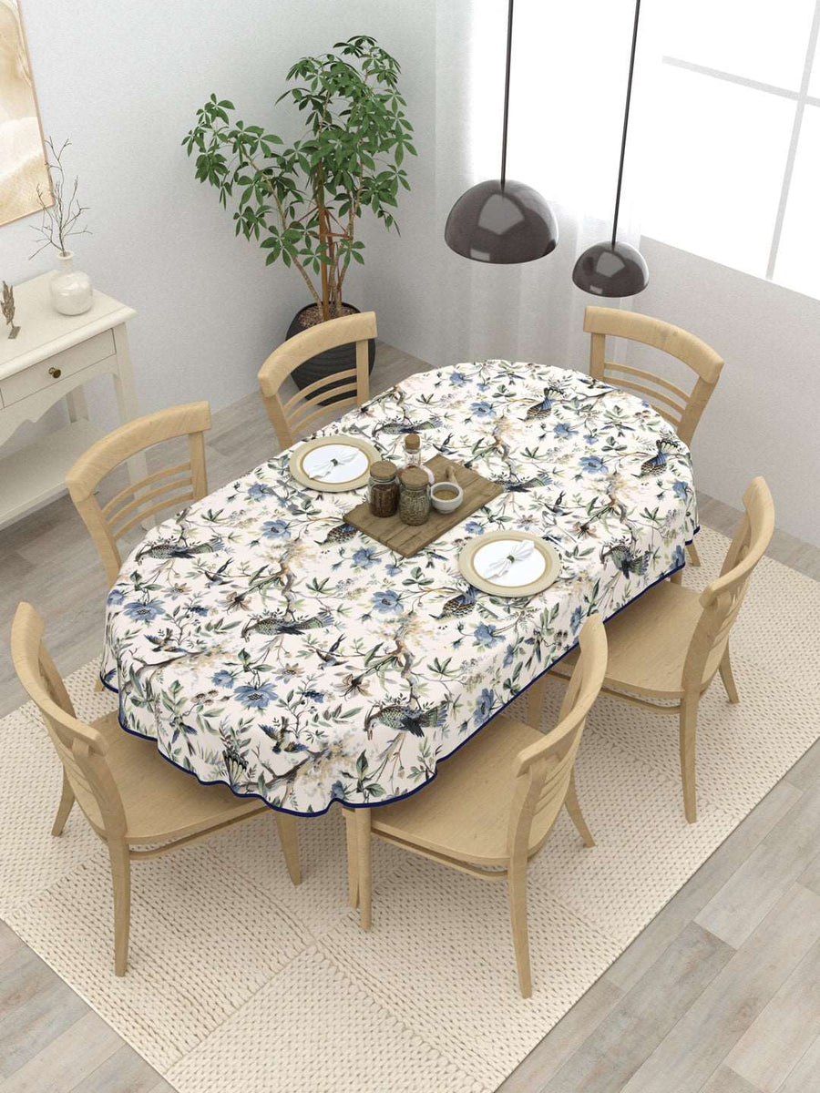 100% Cotton Oval Table Cover; Blue Flowers & Birds