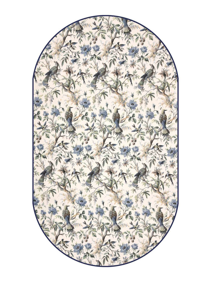 100% Cotton Oval Table Cover; Blue Flowers & Birds