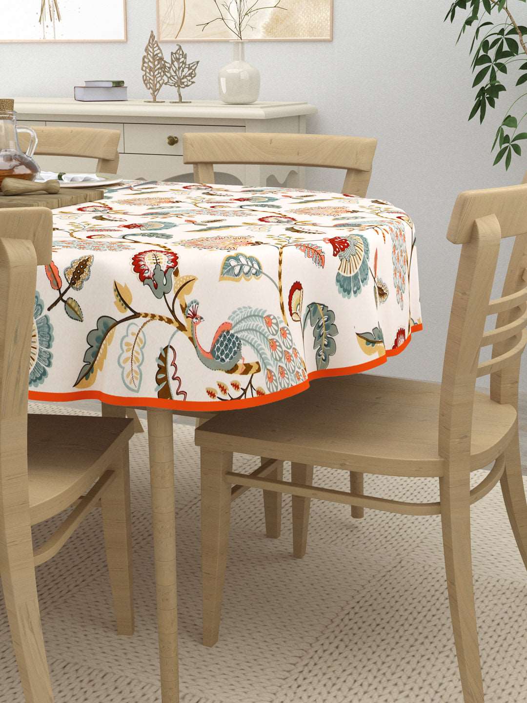 100% Cotton Oval Table Cover; Multicolor Peacock