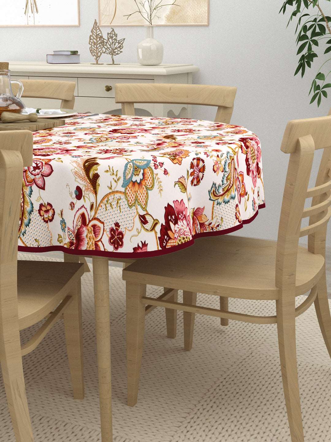 100% Cotton Oval Table Cover; Maroon Flowers