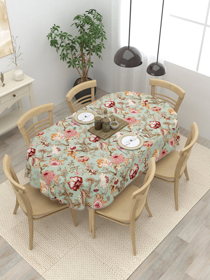 100% Cotton Oval Table Cover; Multicolor Flowers On Green