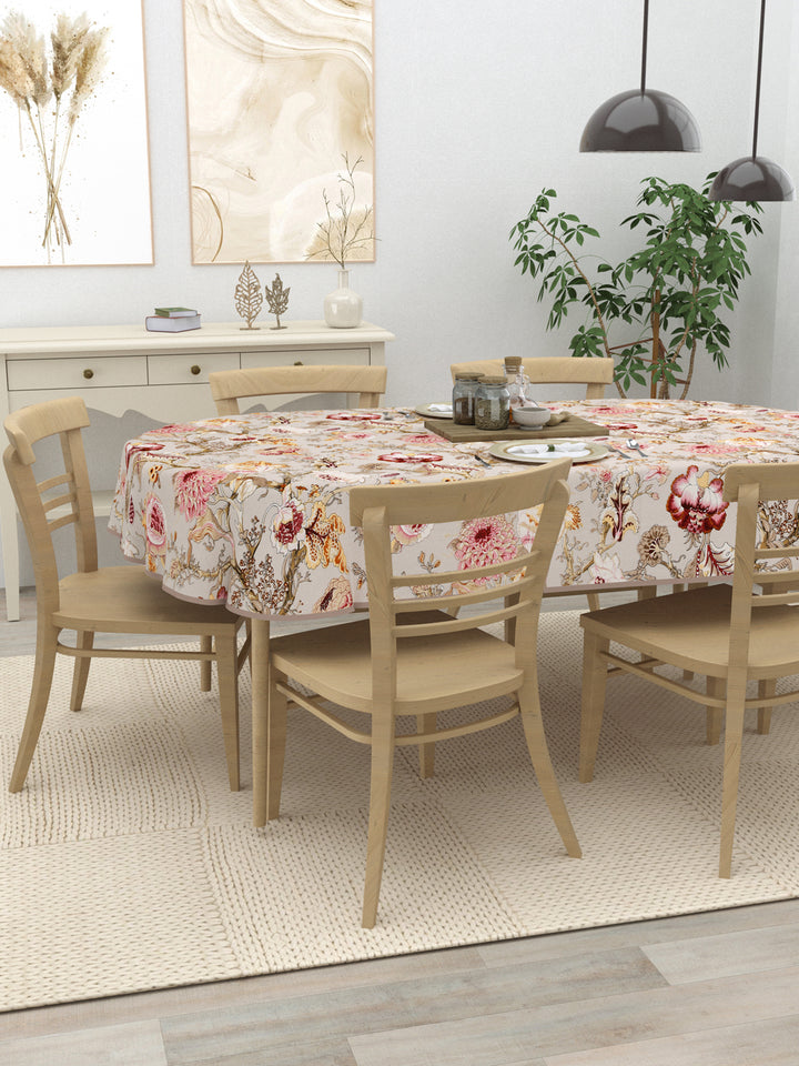 100% Cotton Oval Table Cover; Multicolor Flowers On Beige