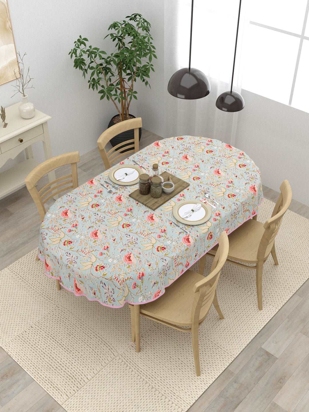 100% Cotton Oval Table Cover; Light Orange Flowers