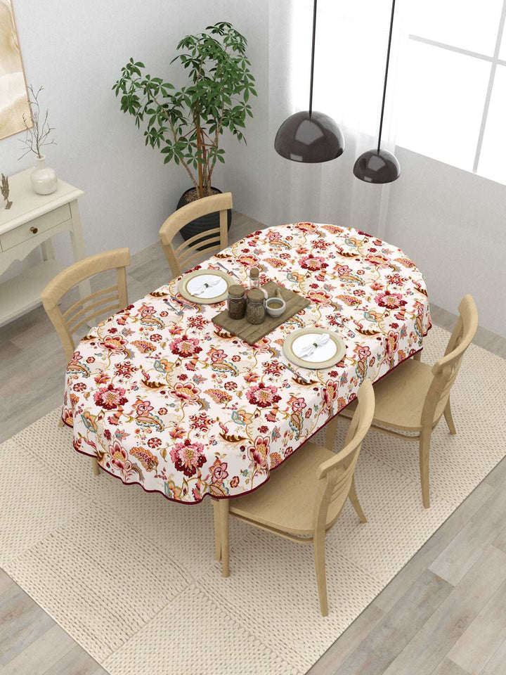 100% Cotton Oval Table Cover; Maroon Flowers