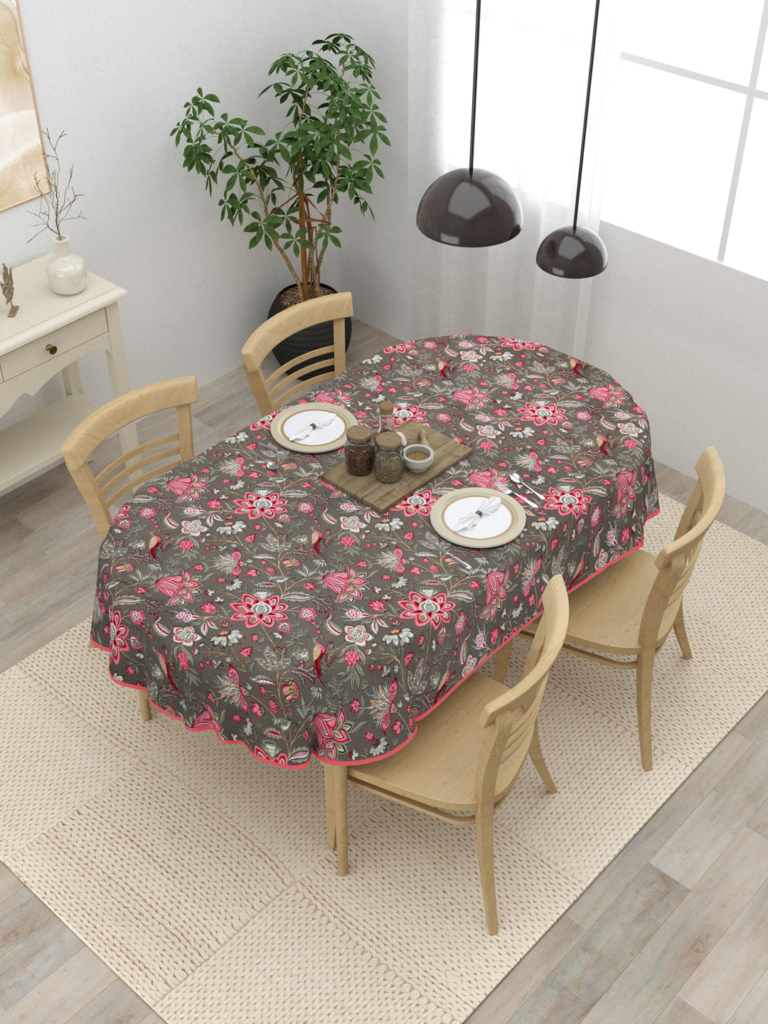 100% Cotton Oval Table Cover; Pink Flowers