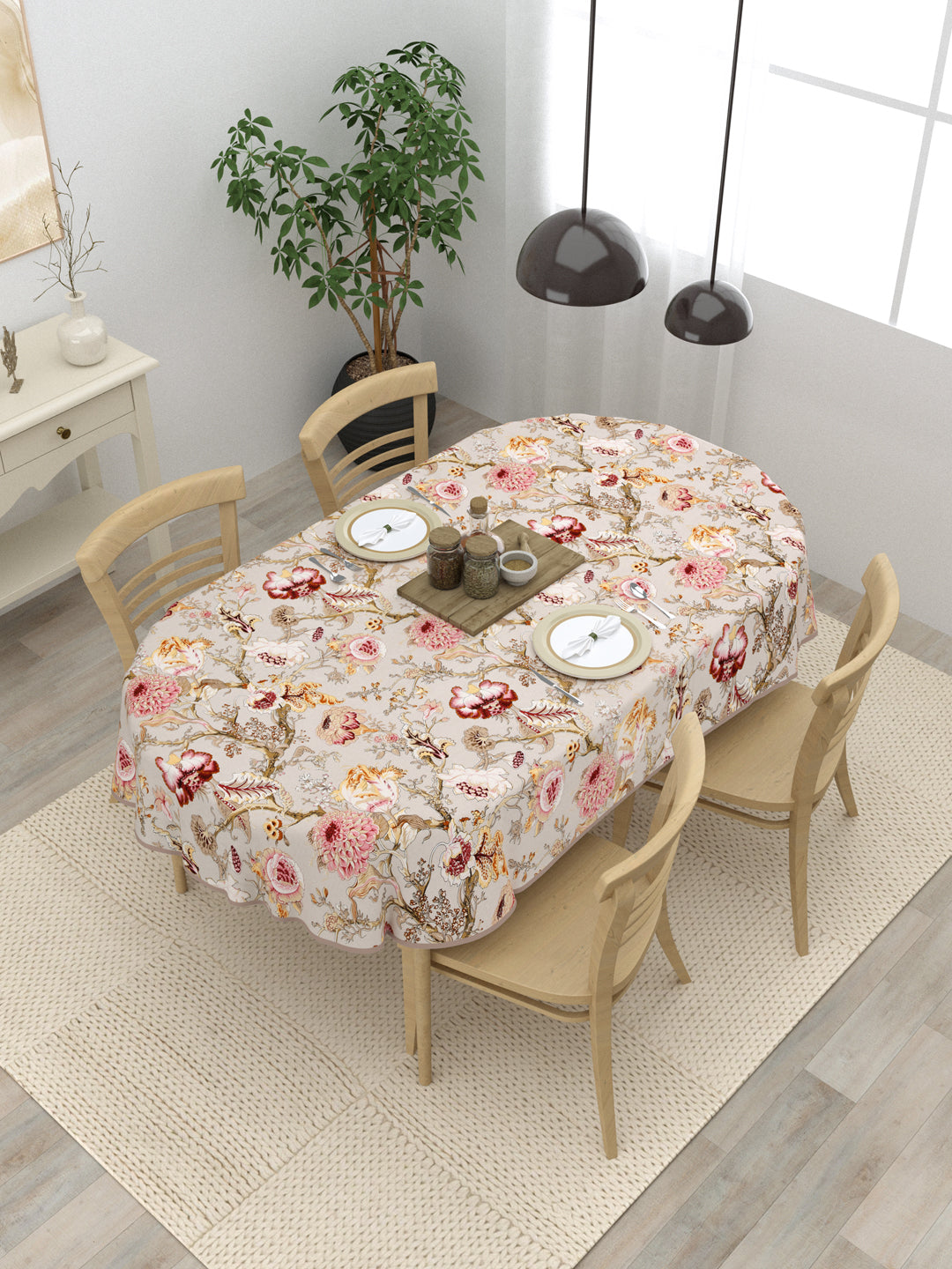 100% Cotton Oval Table Cover; Multicolor Flowers On Beige