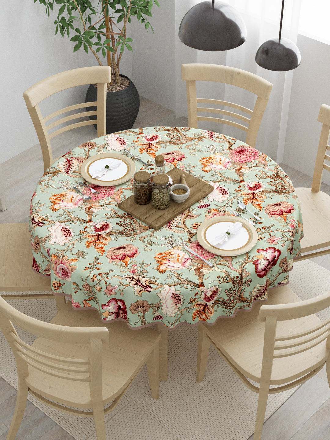 100% Cotton Round Table Cover; Multicolor Flowers On Green