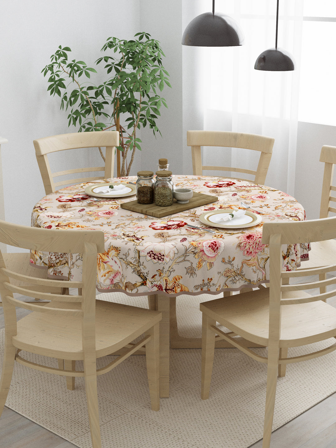 100% Cotton Round Table Cover; Multicolor Flowers On Beige