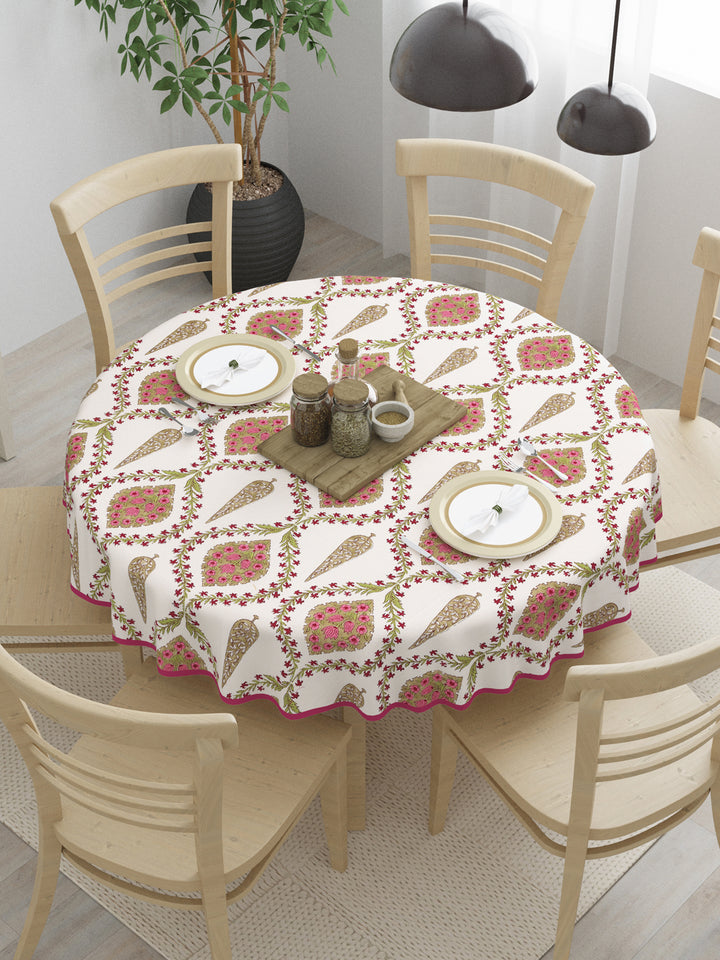 100% Cotton Round Table Cover; Pink Beige Block Print