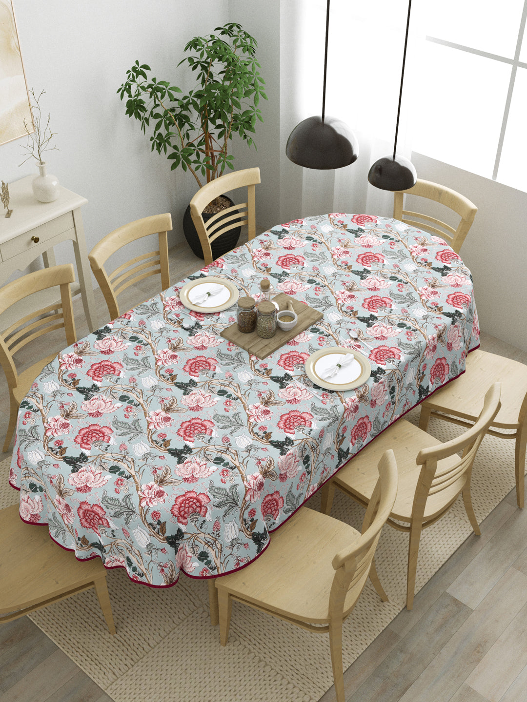 100% Cotton Oval Table Cover; Pink Maroon Flowers