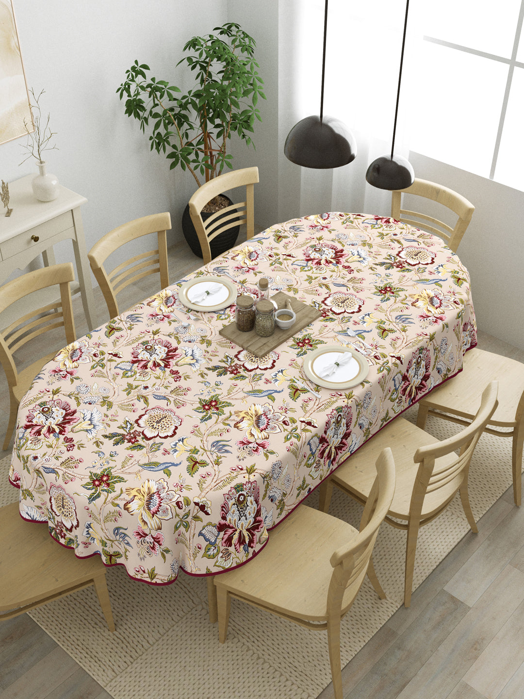 100% Cotton Oval Table Cover; Multicolor Flowers