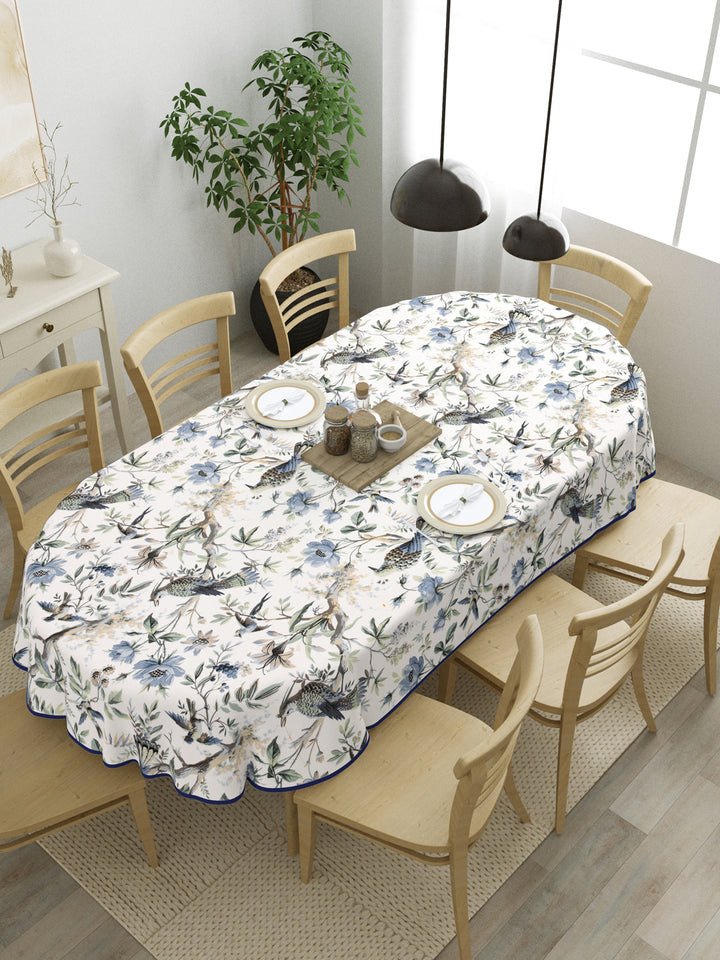 100% Cotton Oval Table Cover; Blue Flowers & Birds